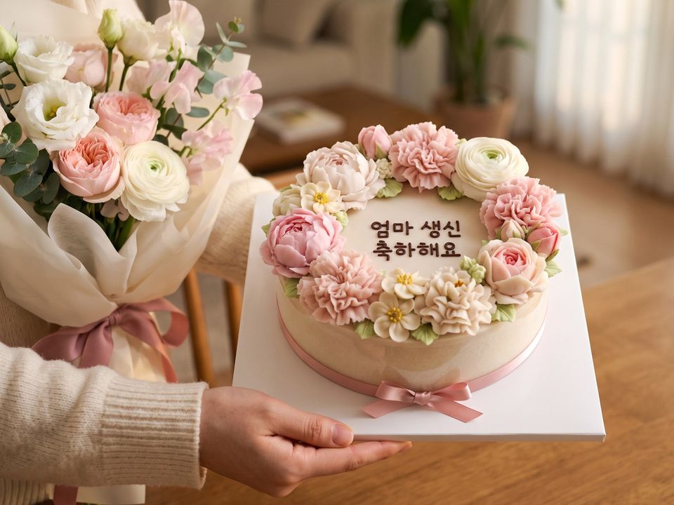 딸이 '엄마 생신 축하해요' 문구의 플라워 케이크와 꽃다발을 건네는 모습