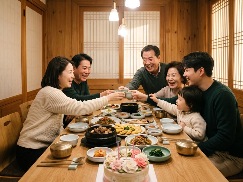한정식 상 앞에서 온 가족이 웃으며 건배하는 모습
